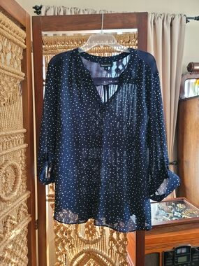 Fortune & Ivy Navy Blue Polka Dot Split V-Neck Blouse